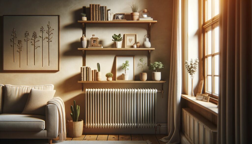 DALL·E 2023 11 27 16.34.46 A cozy living room with a radiator under the window. Above the radiator theres a wooden shelf holding decorative items like a small plant books an